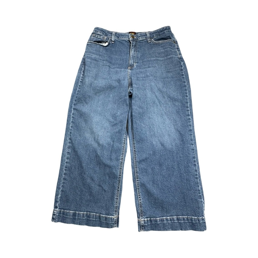 Lee Jeans Womens 14 Medium Blue Wide Leg High Rise Denim Pants Stretch Relaxed